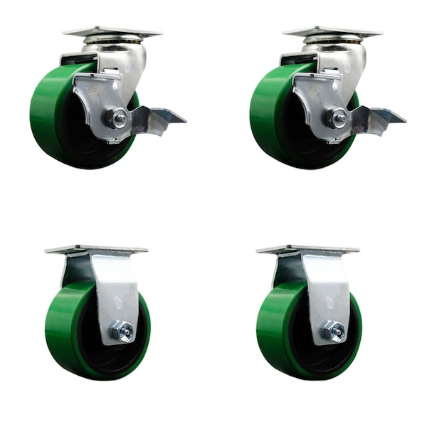 4 Inch Green Poly on Cast Iron Caster Set with Ball Bearings 2 Brakes 2 Rigid